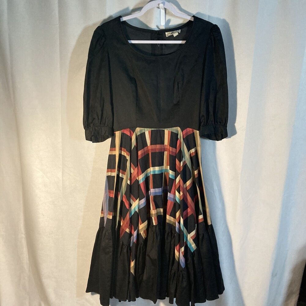 Vintage FINE FEATHERS black multicolor plaid scoop neck circle dress 10